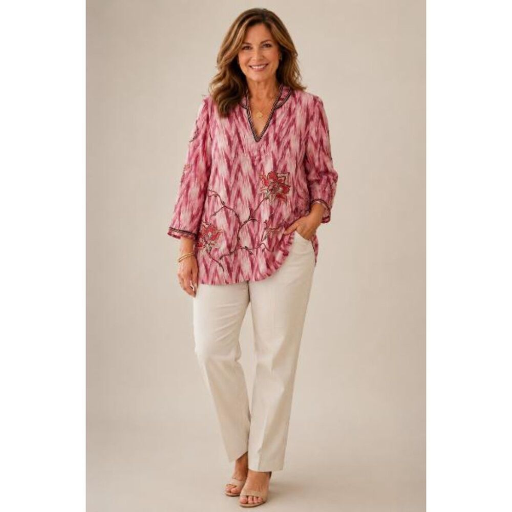 Soft Surroundings Boho Tunic Top Pink Ikat Embroidered Beaded Pullover XL